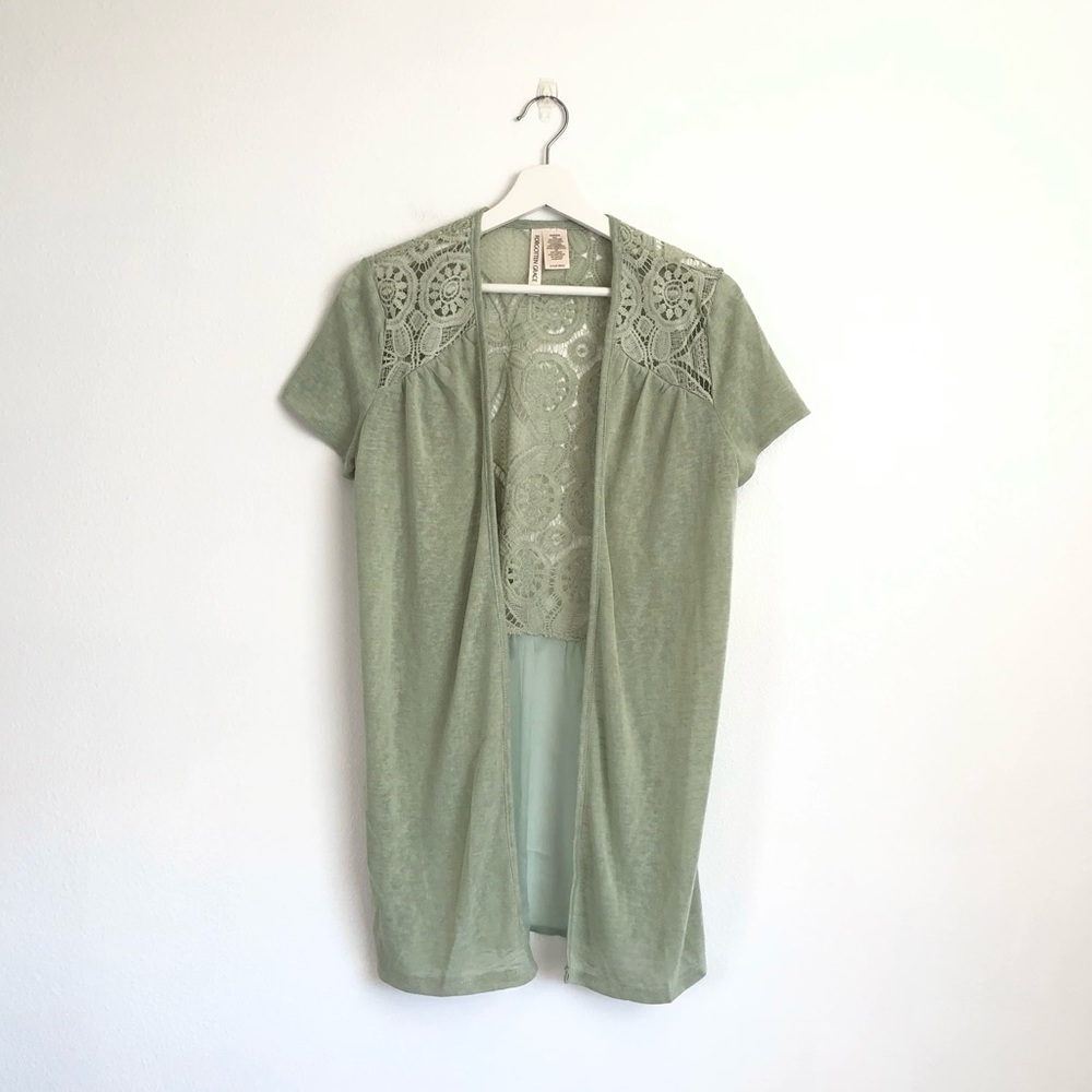 Forgotten Grace Green Floral Crochet Lace Open Front Knit Cardigan Size Small